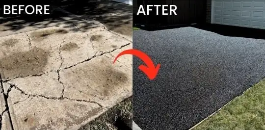 Before and after: cracked concrete driveway resurfaced with black rubber paving