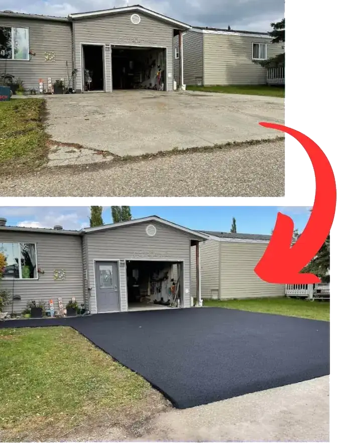 Before and after of a cracked driveway resurfaced with rubber paving